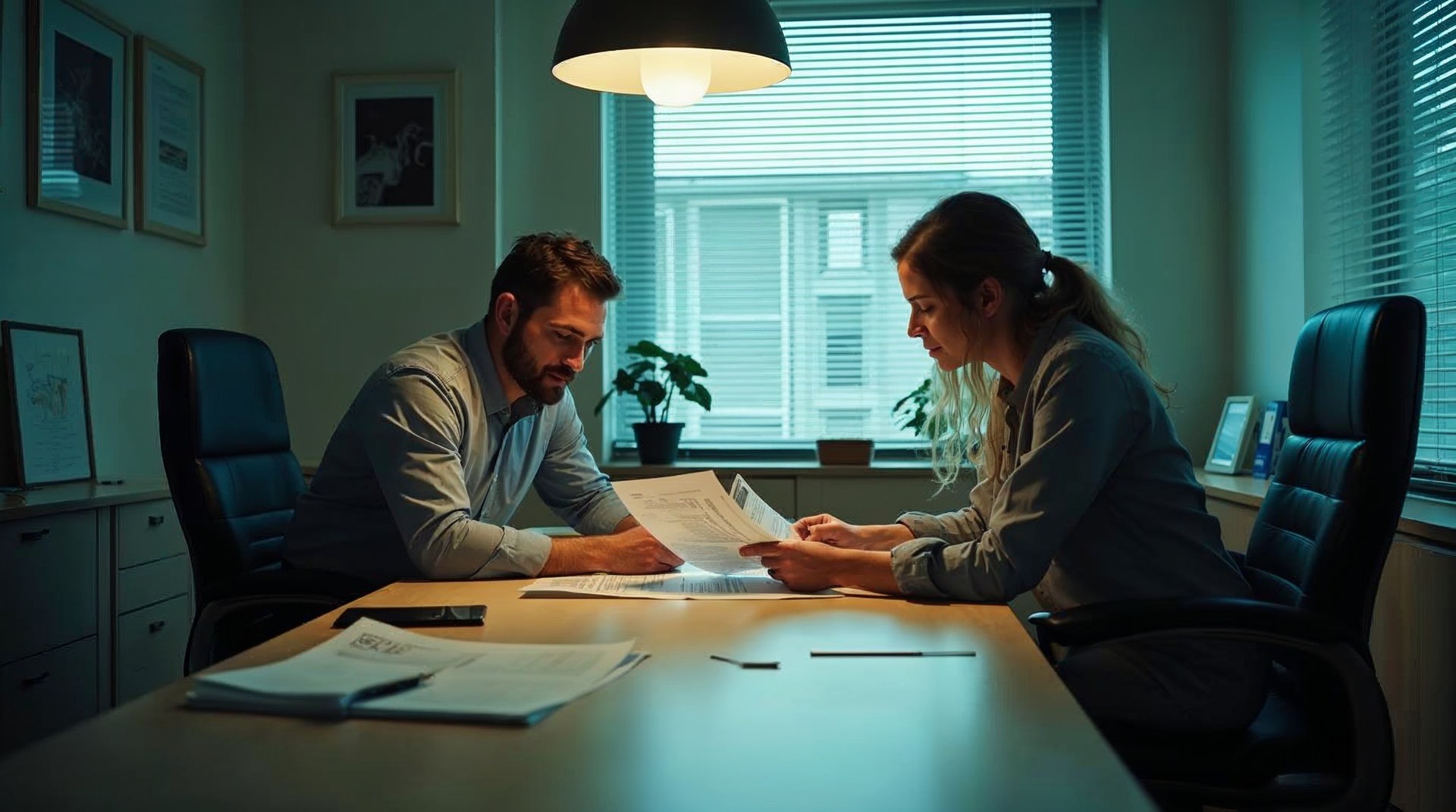 Dental group owner and operations lead reviewing a printed production report at an office table inside a practice