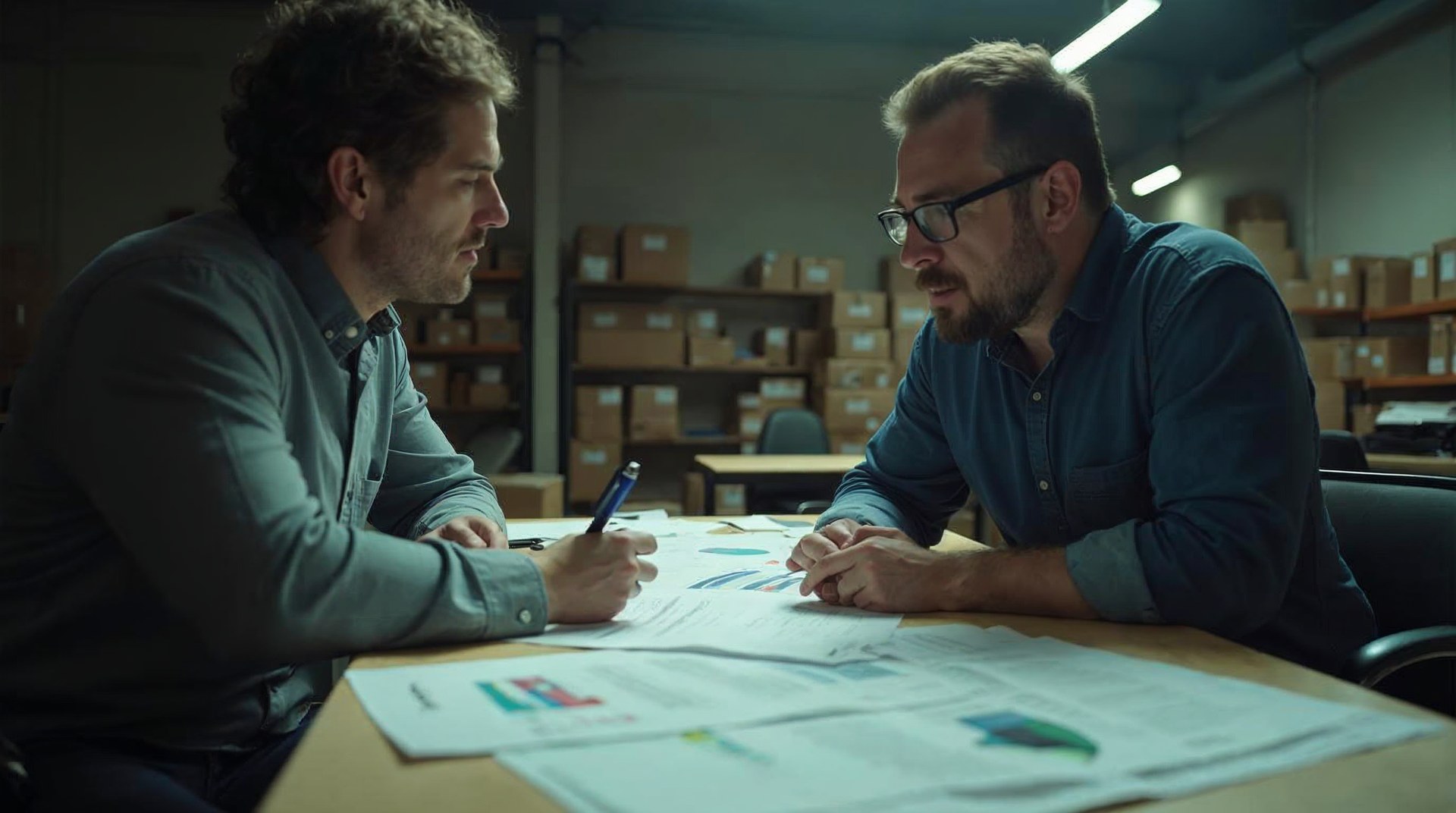DTC brand founder and finance lead reviewing a printed contribution margin report in a warehouse office