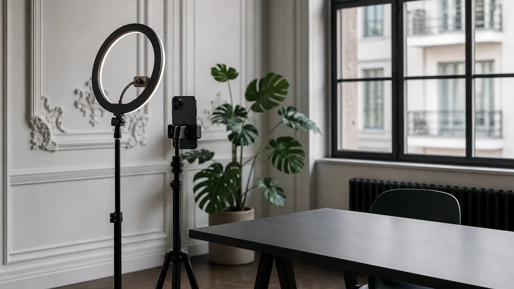 Editorial photograph of a Berlin content studio corner with a phone on a tripod and a ring light