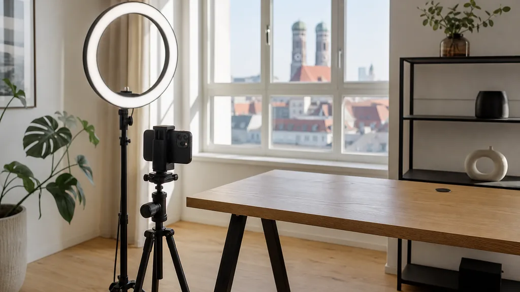 Editorial photograph of a Munich content studio corner with a phone on a tripod and a ring light
