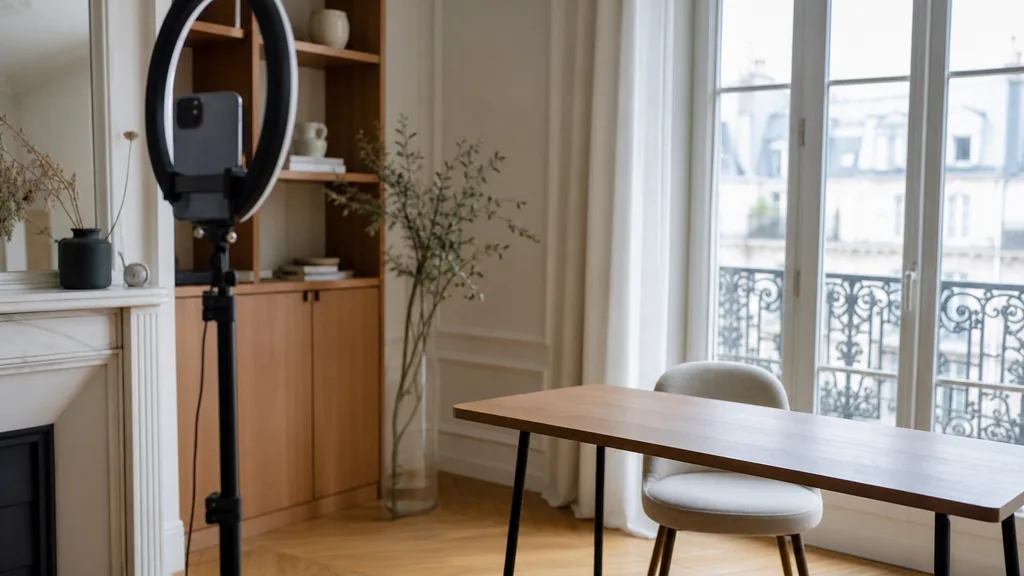 Editorial photograph of a Paris content studio corner with a phone on a tripod and a ring light