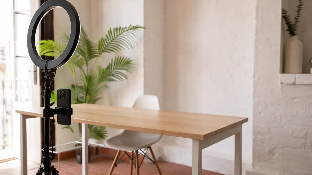Editorial photograph of a Madrid content studio corner with a phone on a tripod and a ring light