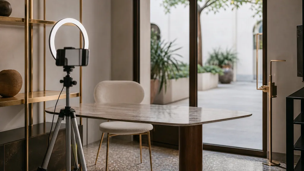 Editorial photograph of a Milan content studio corner with a phone on a tripod and a ring light