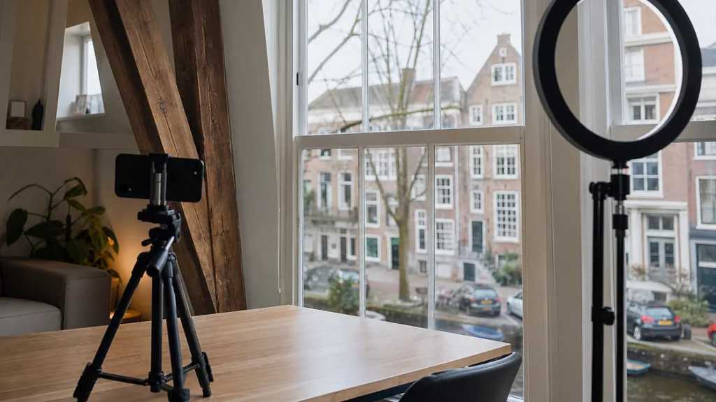 Editorial photograph of an Amsterdam content studio corner with a phone on a tripod and a ring light