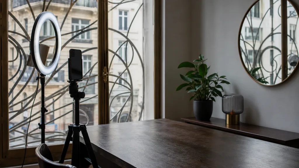 Editorial photograph of a Brussels content studio corner with a phone on a tripod and a ring light