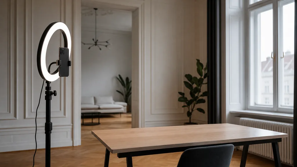 Editorial photograph of a Vienna content studio corner with a phone on a tripod and a ring light