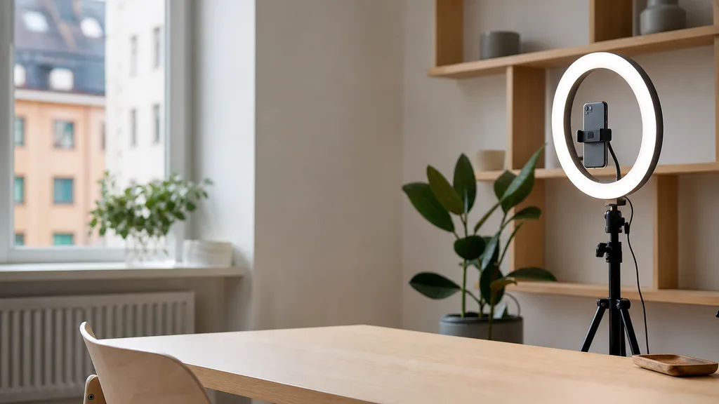 Editorial photograph of a Stockholm content studio corner with a phone on a tripod and a ring light