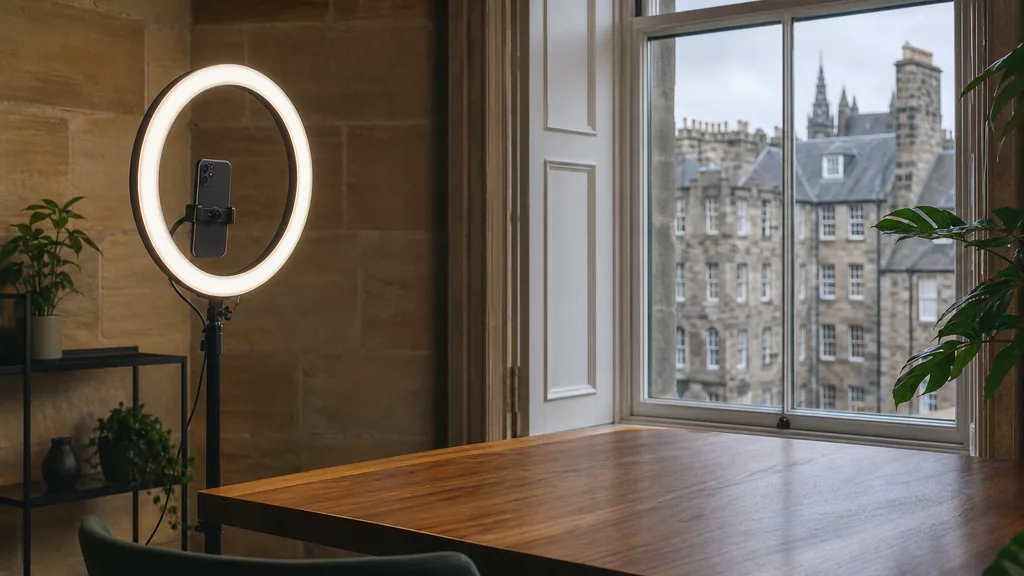 Editorial photograph of an Edinburgh content studio corner with a phone on a tripod and a ring light