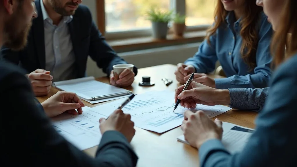 Three colleagues around a meeting table studying a single printed one-page marketing plan