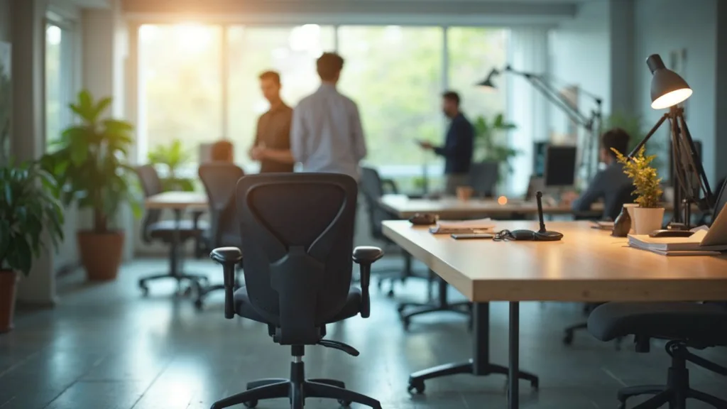 Empty ergonomic office chair at a clean desk with a marketing team collaborating in the blurred background