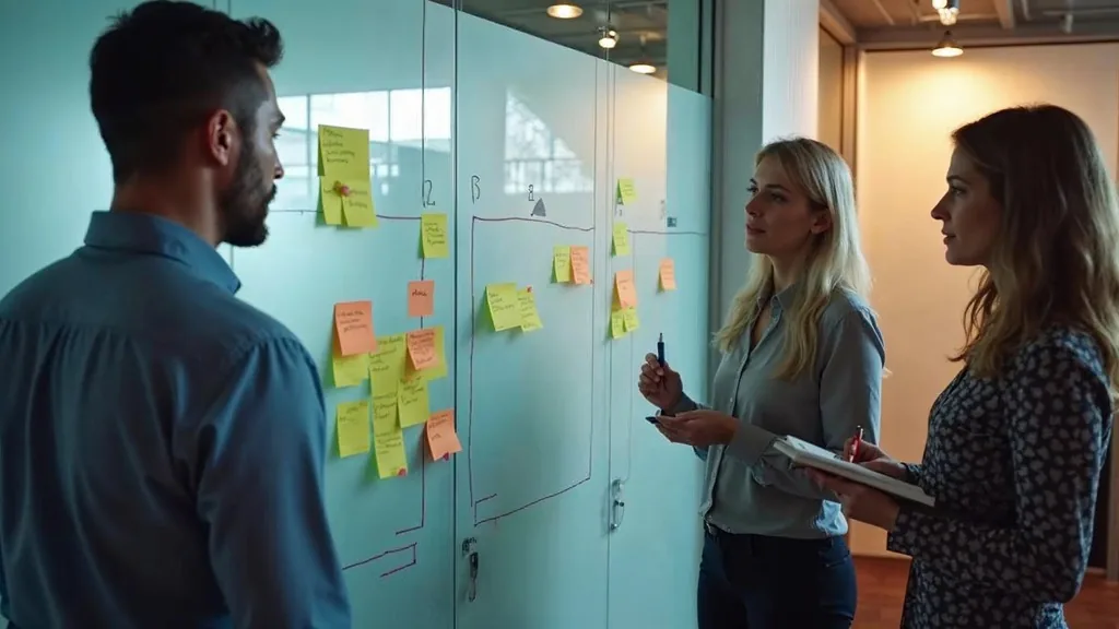 Consultant and client sponsor mapping a three-phase timeline on a glass wall with sticky notes