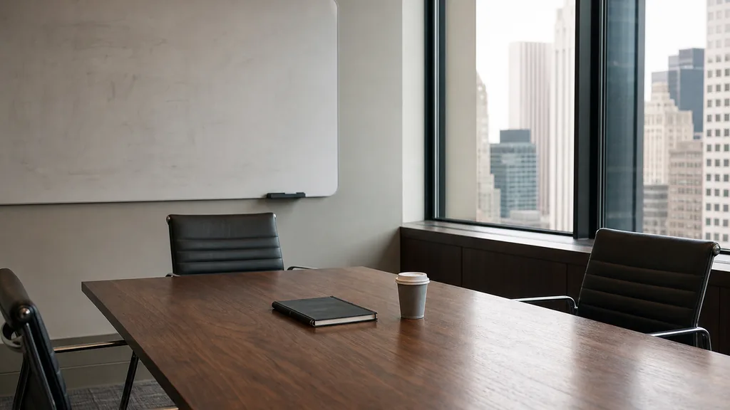 Editorial photograph of an empty executive meeting corner in a Manhattan office, with a whiteboard, a notebook and a coffee cup on a walnut table