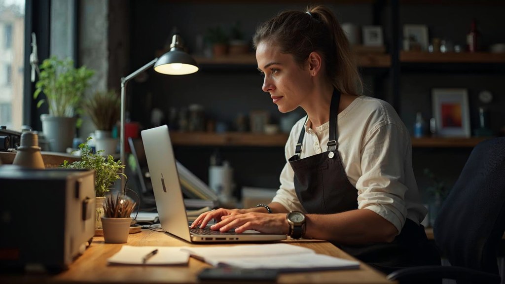 A small-business owner in an apron leaning over a laptop on a cluttered back-office desk late in the day, photographed in Melbourne