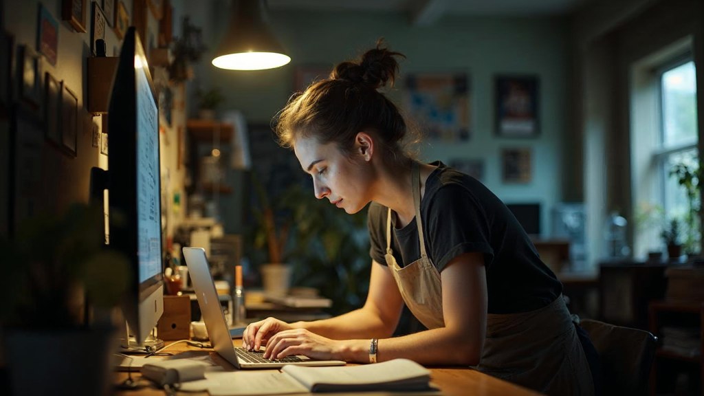 A small-business owner in an apron leaning over a laptop on a cluttered back-office desk late in the day, photographed in Melbourne