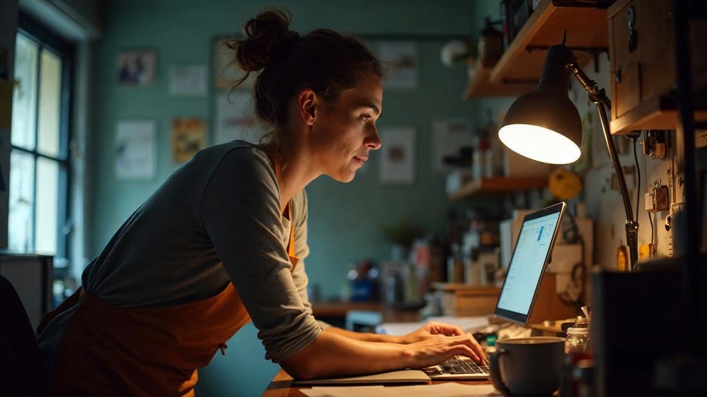 A small-business owner in an apron leaning over a laptop on a cluttered back-office desk late in the day, photographed in Melbourne