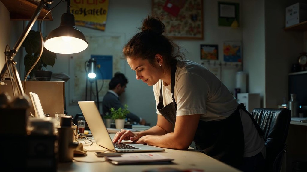 A small-business owner in an apron leaning over a laptop on a cluttered back-office desk late in the day, photographed in Melbourne
