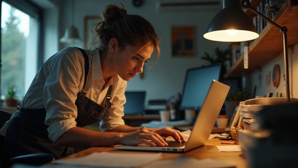A small-business owner in an apron leaning over a laptop on a cluttered back-office desk late in the day, photographed in Melbourne