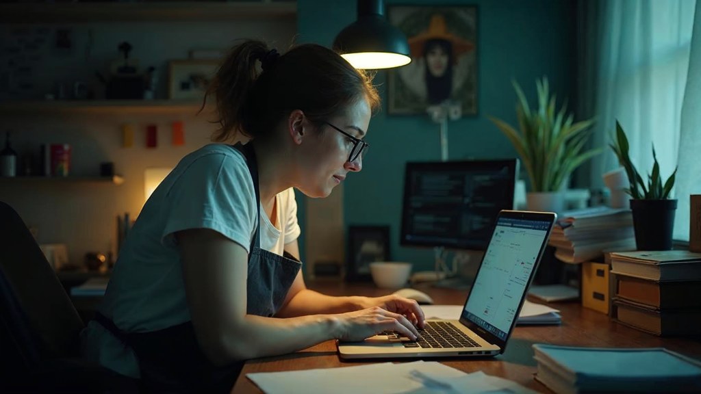 A small-business owner in an apron leaning over a laptop on a cluttered back-office desk late in the day, photographed in Melbourne