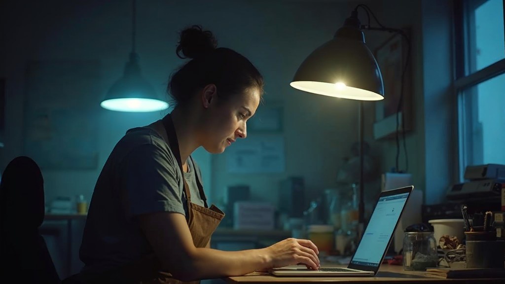 A small-business owner in an apron leaning over a laptop on a cluttered back-office desk late in the day, photographed in Melbourne