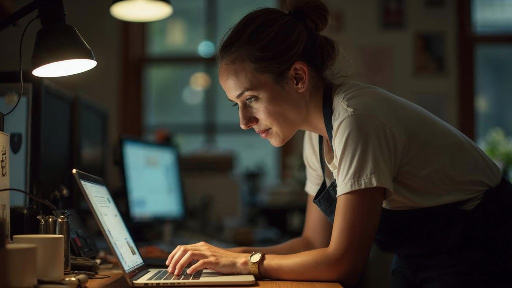 A small-business owner in an apron leaning over a laptop on a cluttered back-office desk late in the day, photographed in Melbourne