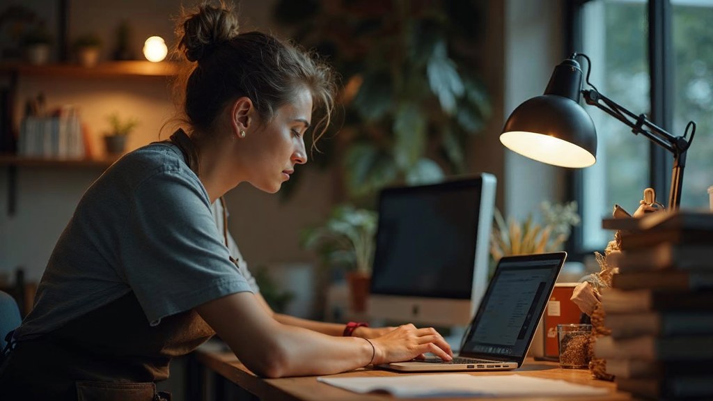 A small-business owner in an apron leaning over a laptop on a cluttered back-office desk late in the day, photographed in Melbourne