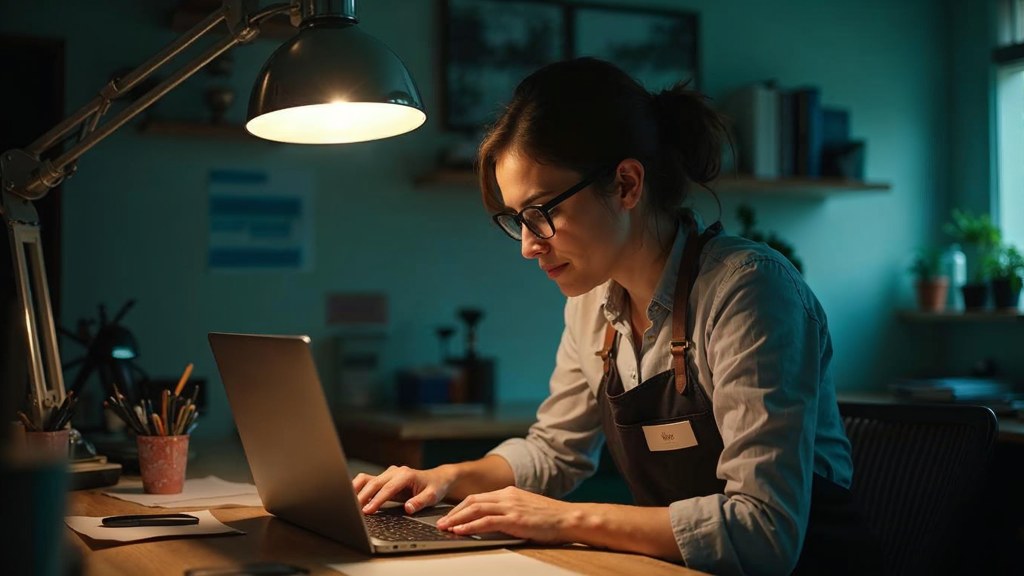 A small-business owner in an apron leaning over a laptop on a cluttered back-office desk late in the day, photographed in Melbourne