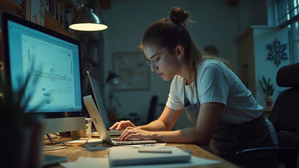 A small-business owner in an apron leaning over a laptop on a cluttered back-office desk late in the day, photographed in Melbourne