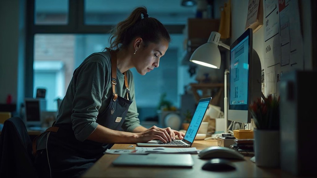 A small-business owner in an apron leaning over a laptop on a cluttered back-office desk late in the day, photographed in Melbourne