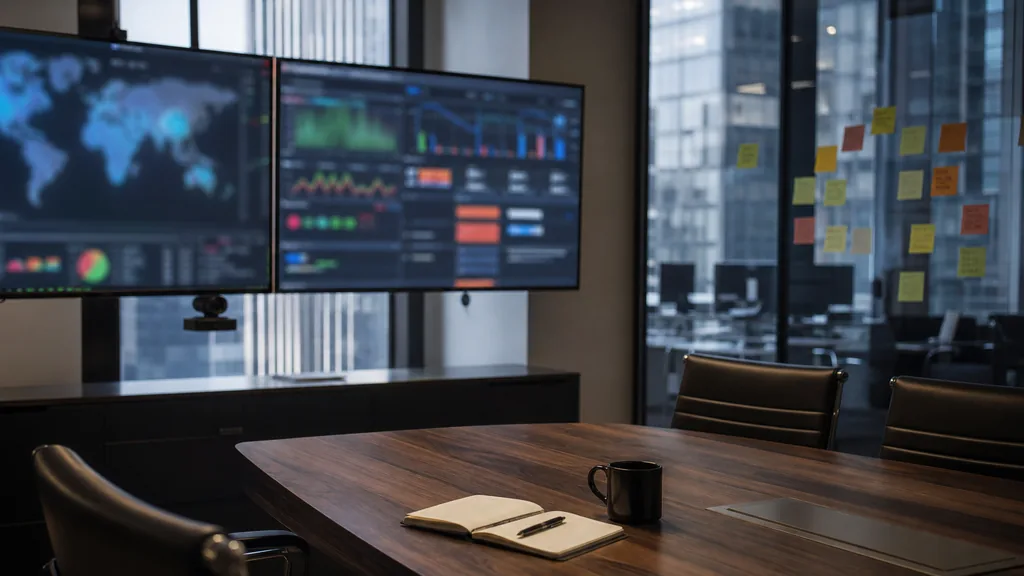 Editorial photograph of an empty operations room in a Manhattan office with two monitors, sticky notes on glass and a notebook on a walnut table