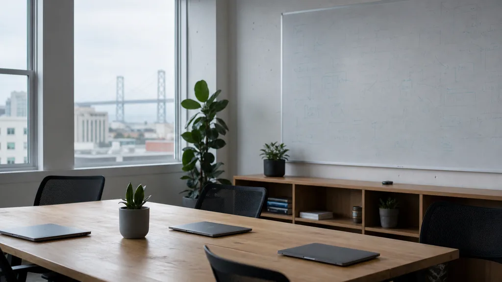 Editorial photograph of an empty San Francisco startup workspace with a whiteboard of faint erased diagrams, closed laptops and plants by tall windows