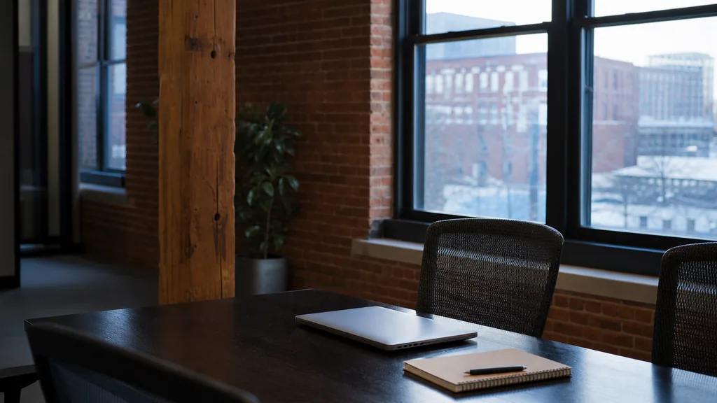 Editorial photograph of an empty conference corner in a Boston brick-and-beam office with exposed brick, a dark wood table and a closed laptop
