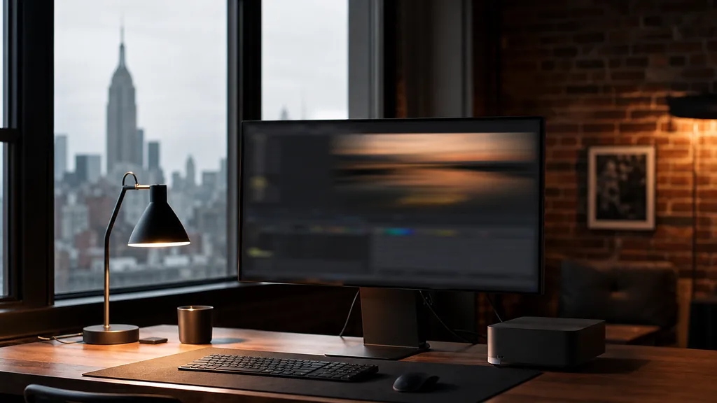 Editorial photograph of an empty desk in a New York loft with one monitor showing a blurred abstract interface under warm lamp light