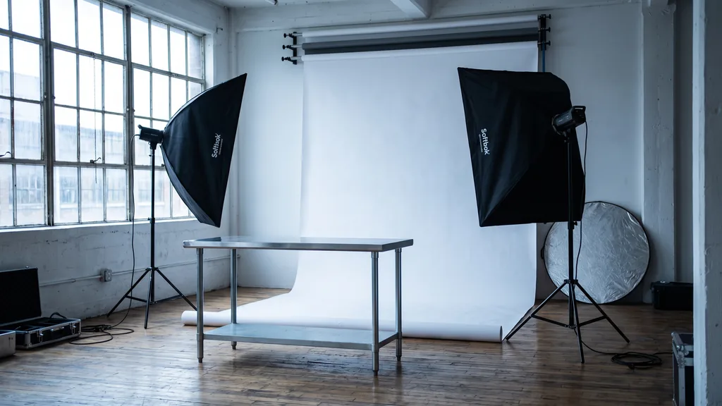 Editorial photograph of an empty loft photography studio with a white seamless paper sweep, a plain steel shooting table and two switched-off softboxes beside tall industrial windows, no people and no signage