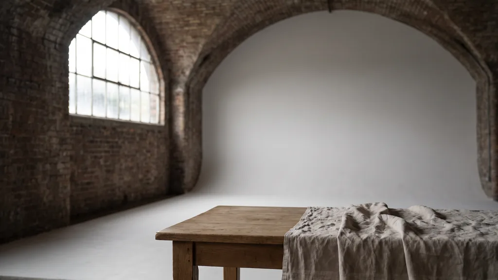 Editorial photograph of an empty photography studio in a brick railway arch with a pale grey cyclorama wall and a plain oak still-life table dressed with neutral linen, no people and no signage