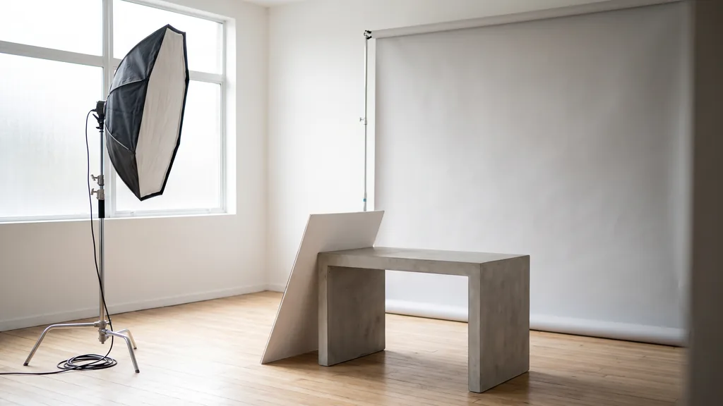 Editorial photograph of an empty minimalist photography studio with a light grey paper sweep, a plain concrete shooting plinth, one switched-off softbox and a matte reflector card, no people and no signage