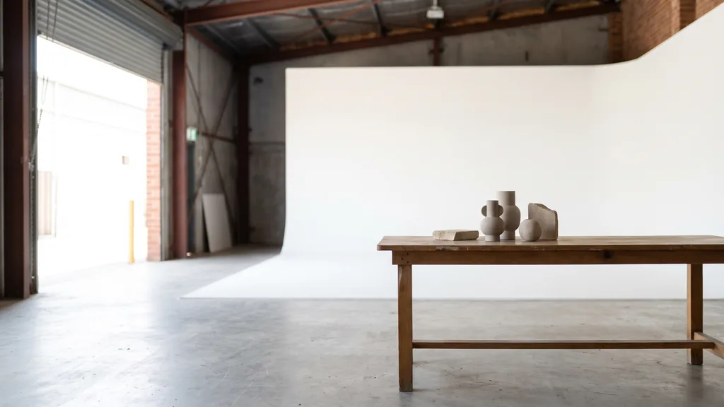 Editorial photograph of an empty photography studio in a light industrial warehouse with a white cyclorama wall and a plain pale timber styling table set with neutral stone props, no people and no signage