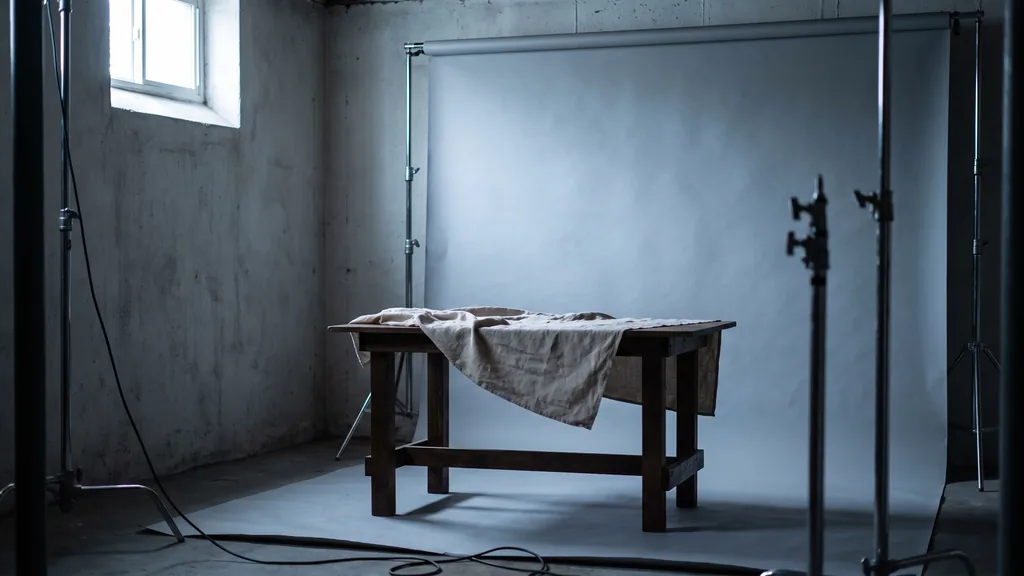 Editorial photograph of an empty photography studio in a townhouse basement with a soft grey paper sweep and a plain dark wood shooting table under a neutral fabric drape, no people and no signage