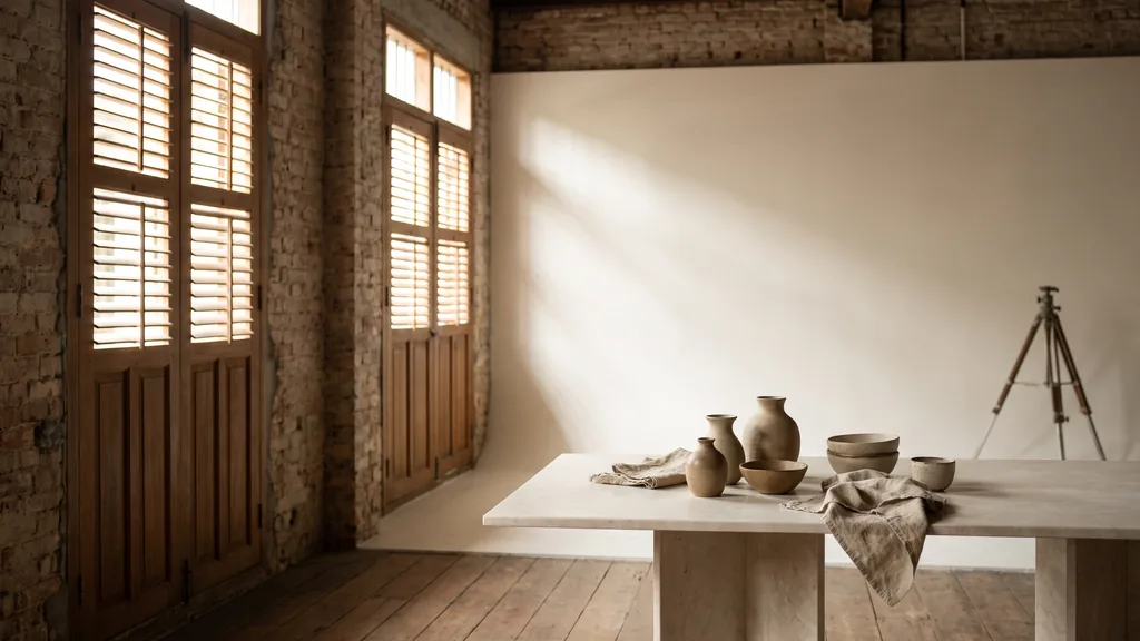 Editorial photograph of an empty photography studio in a converted shophouse with an off-white cyclorama wall and a plain pale marble styling table set with neutral ceramic props, no people and no signage