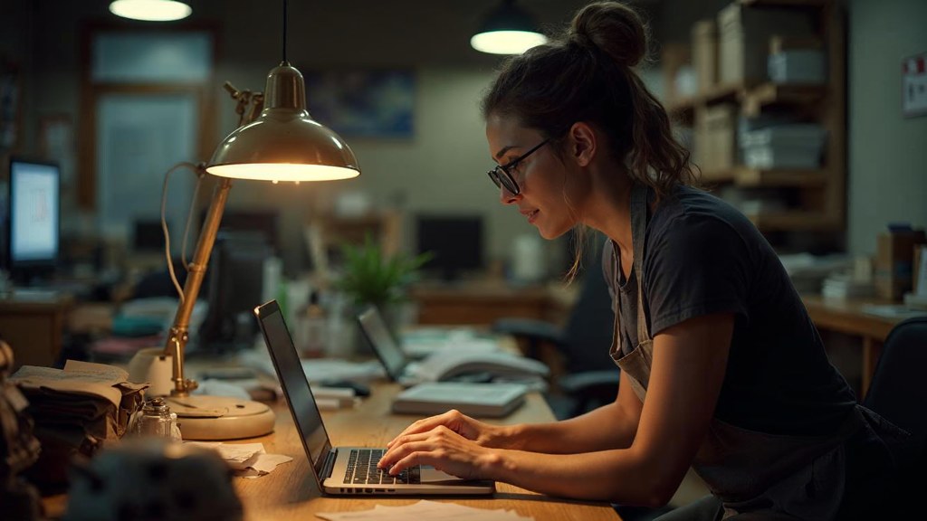 A small-business owner in an apron leaning over a laptop on a cluttered back-office desk late in the day, photographed in Memphis