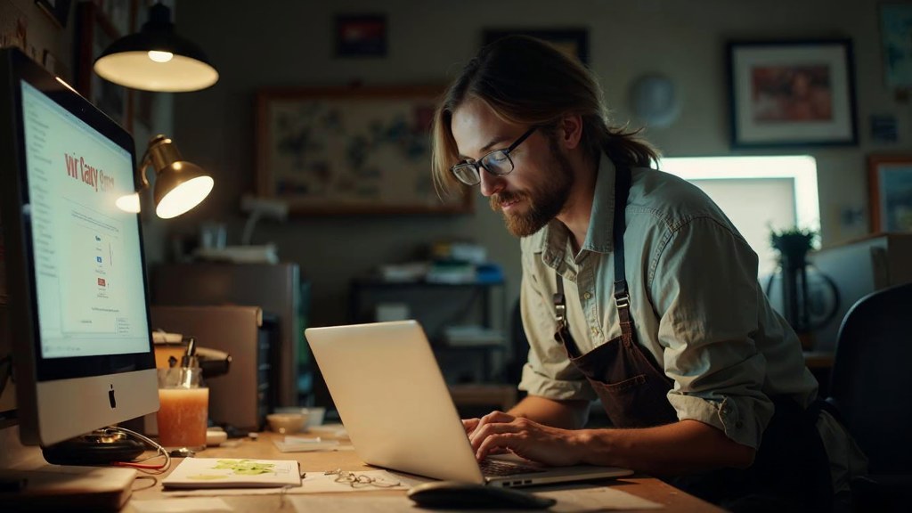 A small-business owner in an apron leaning over a laptop on a cluttered back-office desk late in the day, photographed in Memphis
