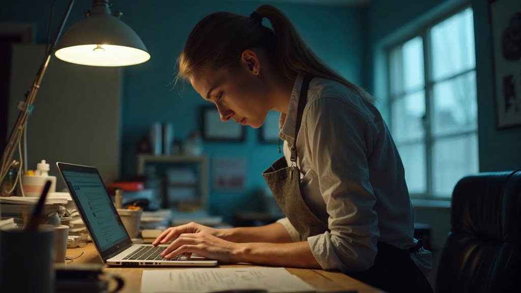 A small-business owner in an apron leaning over a laptop on a cluttered back-office desk late in the day, photographed in Memphis