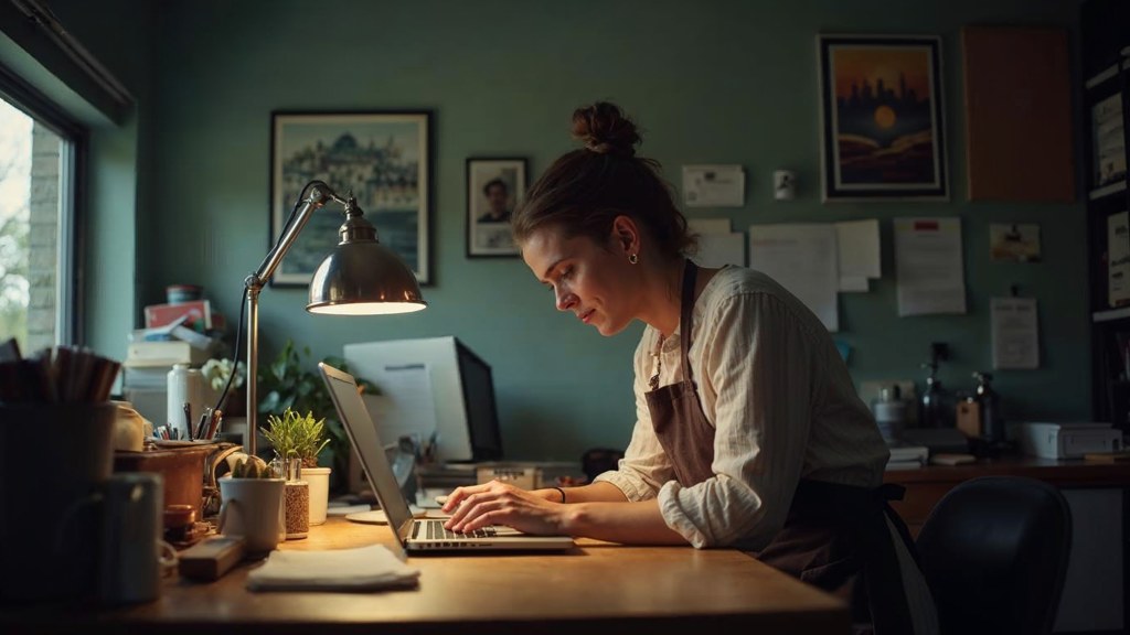 A small-business owner in an apron leaning over a laptop on a cluttered back-office desk late in the day, photographed in Memphis