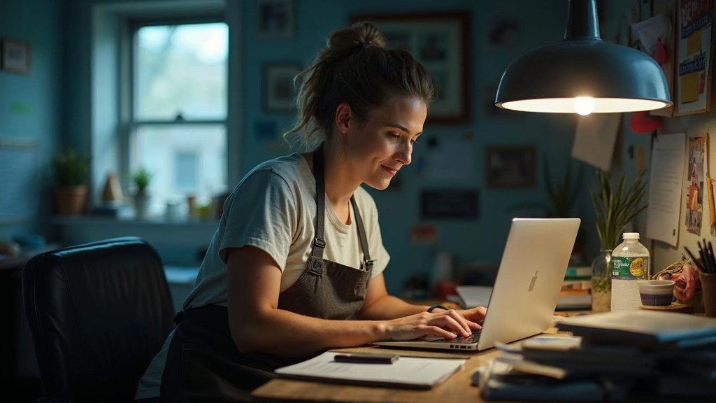 A small-business owner in an apron leaning over a laptop on a cluttered back-office desk late in the day, photographed in Memphis