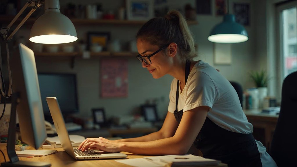 A small-business owner in an apron leaning over a laptop on a cluttered back-office desk late in the day, photographed in Memphis