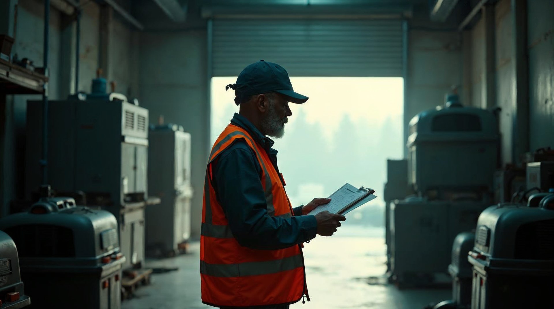 Restoration company owner in a hi-vis vest reading a printed job list in a warehouse bay of air movers and dehumidifiers