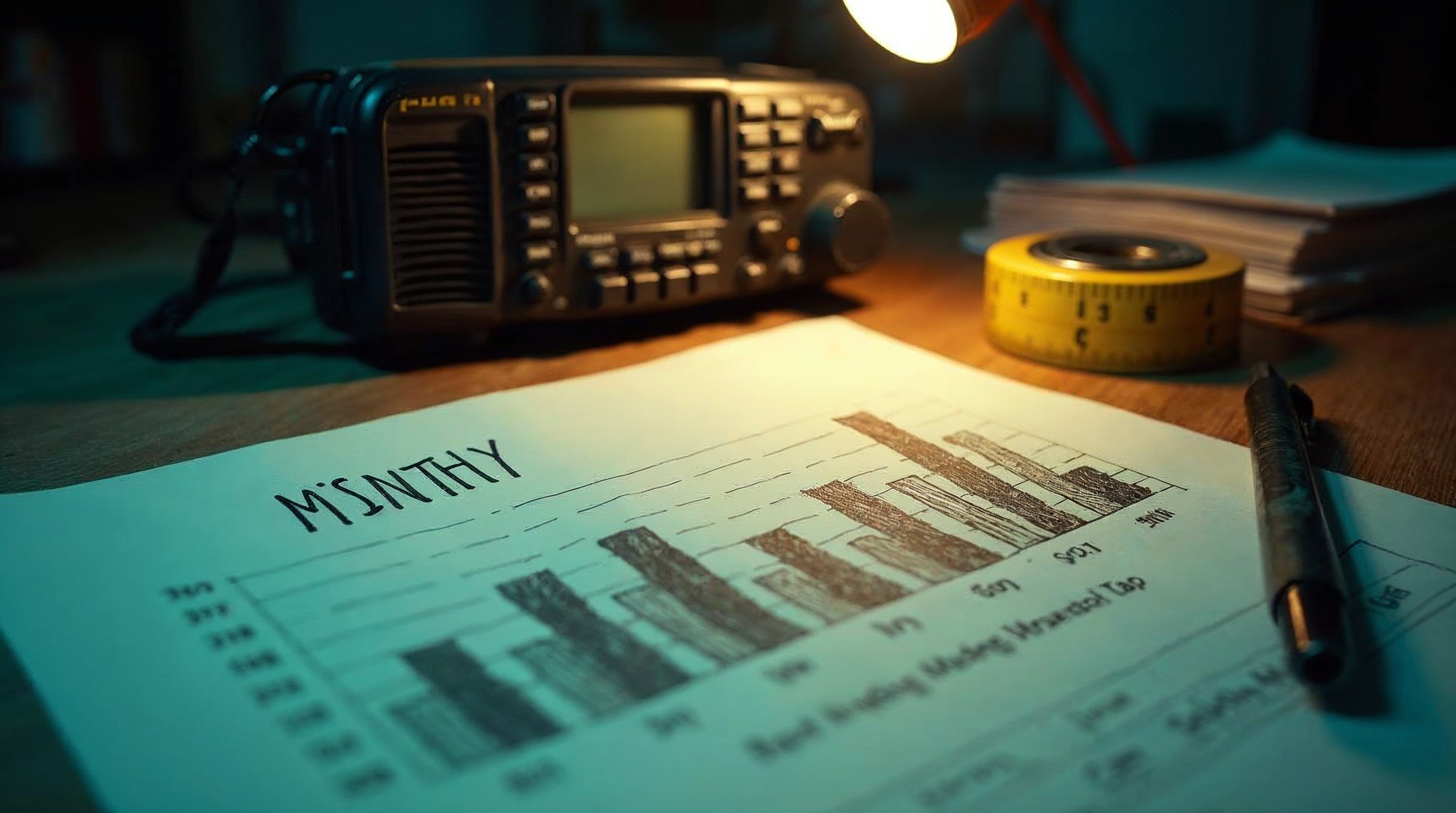 Hand-drawn bar chart of monthly restoration job counts on graph paper beside a two-way radio