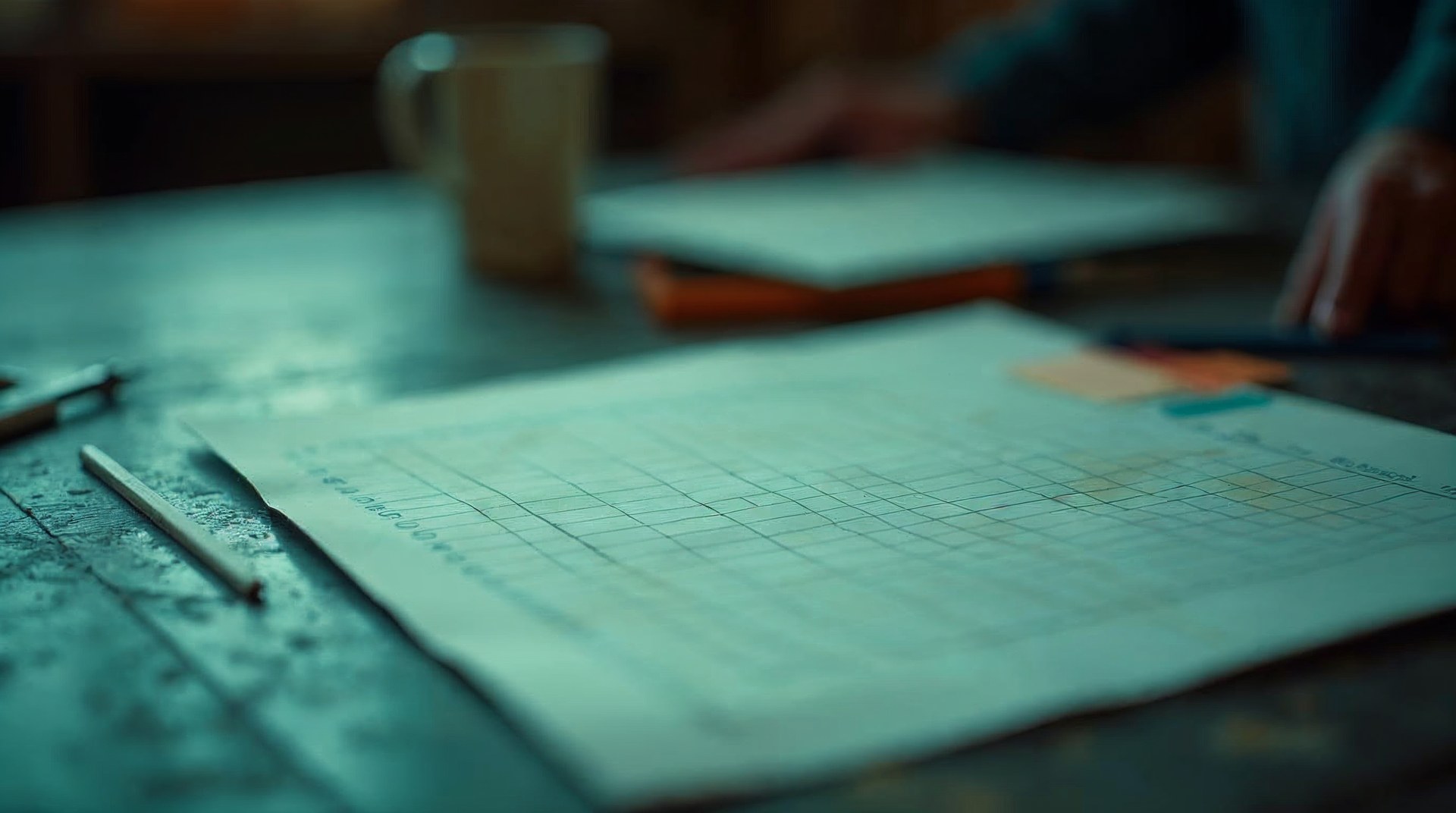 Hand-drawn daily moisture chart in pencil on a worksite table with a ruler