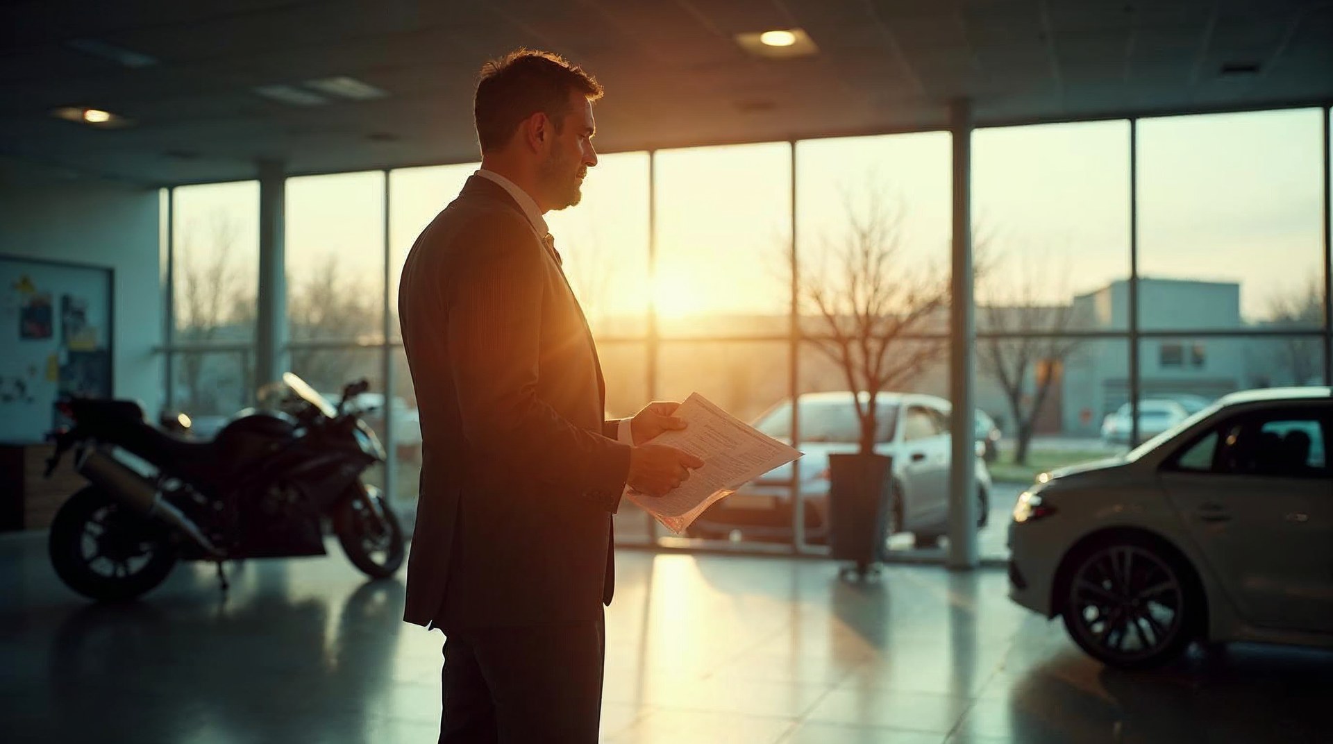 Dealership general manager holding a printed sales report on a quiet showroom floor at opening time