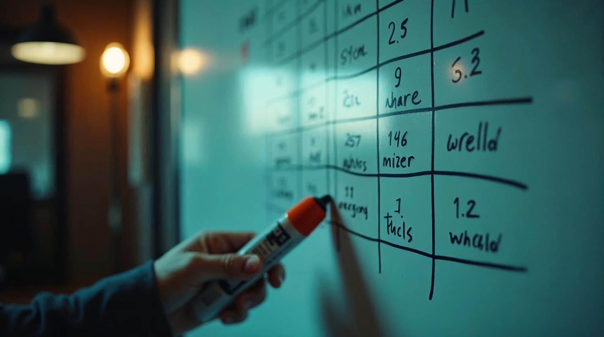 Hand-written whiteboard grid of monthly unit sales in a dealership back office