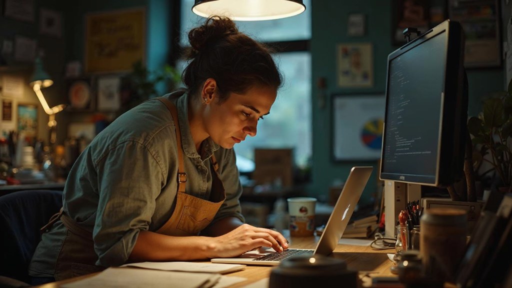 A small-business owner in an apron leaning over a laptop on a cluttered back-office desk late in the day, photographed in Memphis